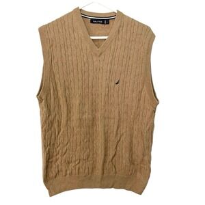 Vintage Nautica Mens Large Brown Sweater Vest V-neck Cable Knit Prep Granddad